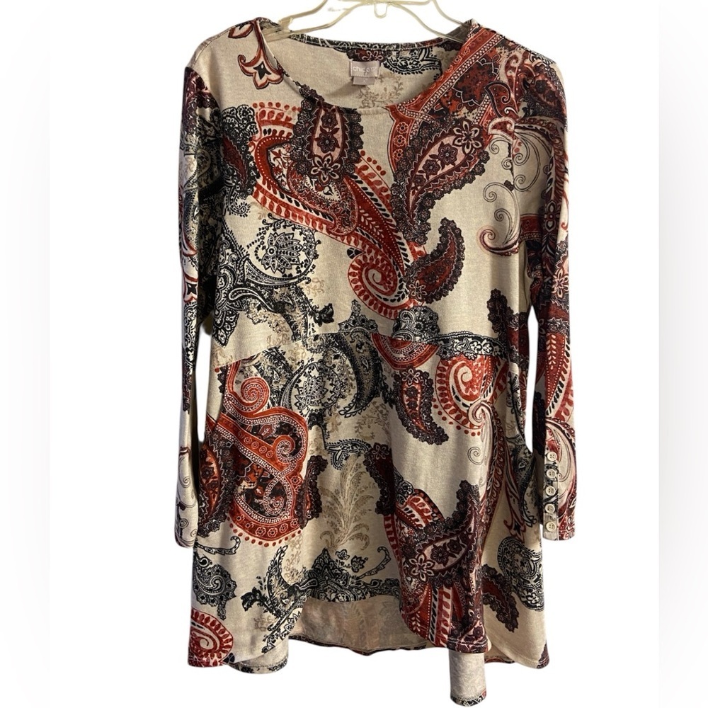 Chico’s knit tunic top paisley cream brown long line‎ Large
